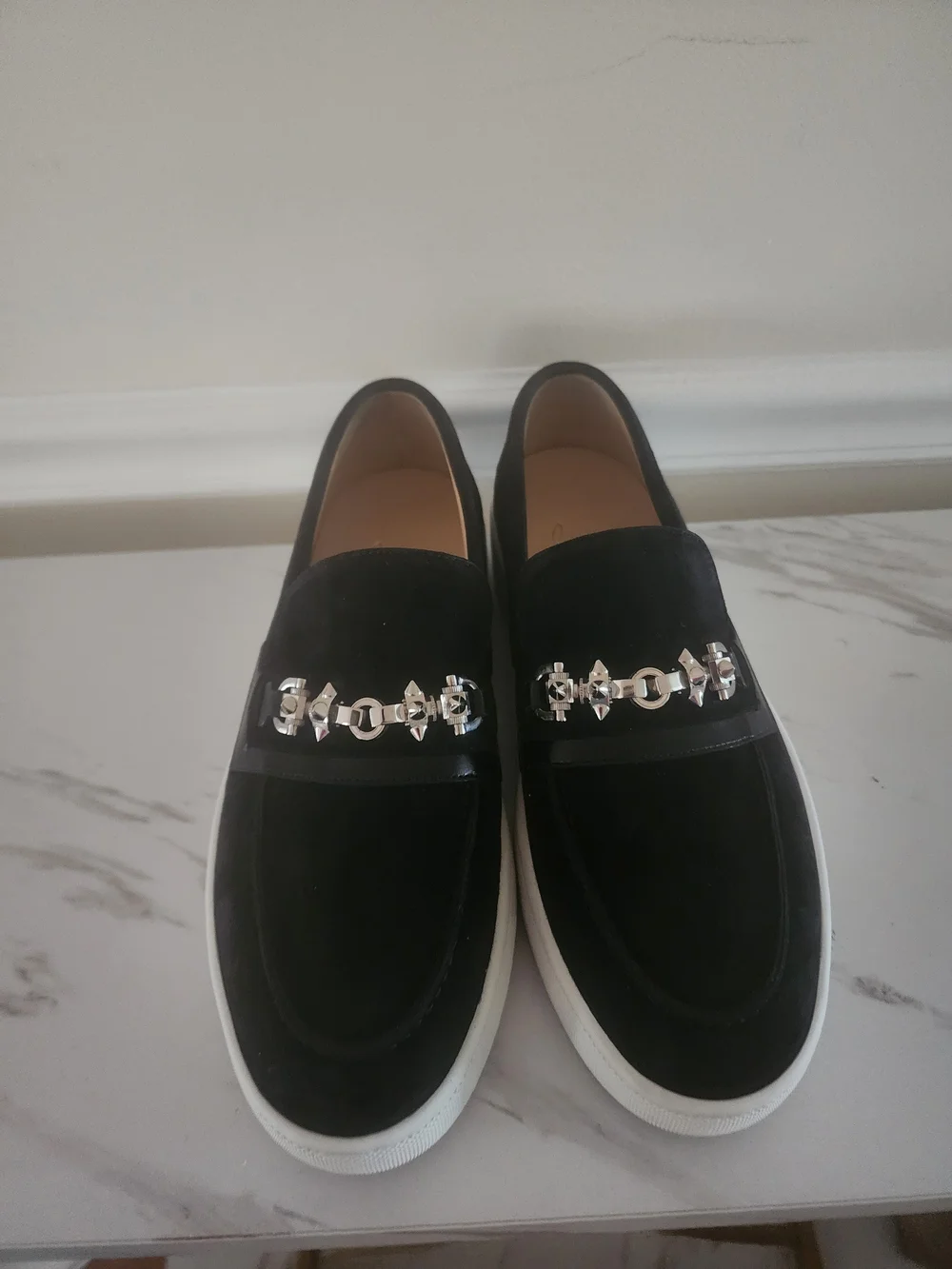 Christian Louboutin Black Suede Slip-On Loafers with Silver Chain Detail
